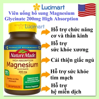 Viên uống Magnesium Glycinate 200mg Nature Made High Absorption hũ 60 viên [Hàng Mỹ]