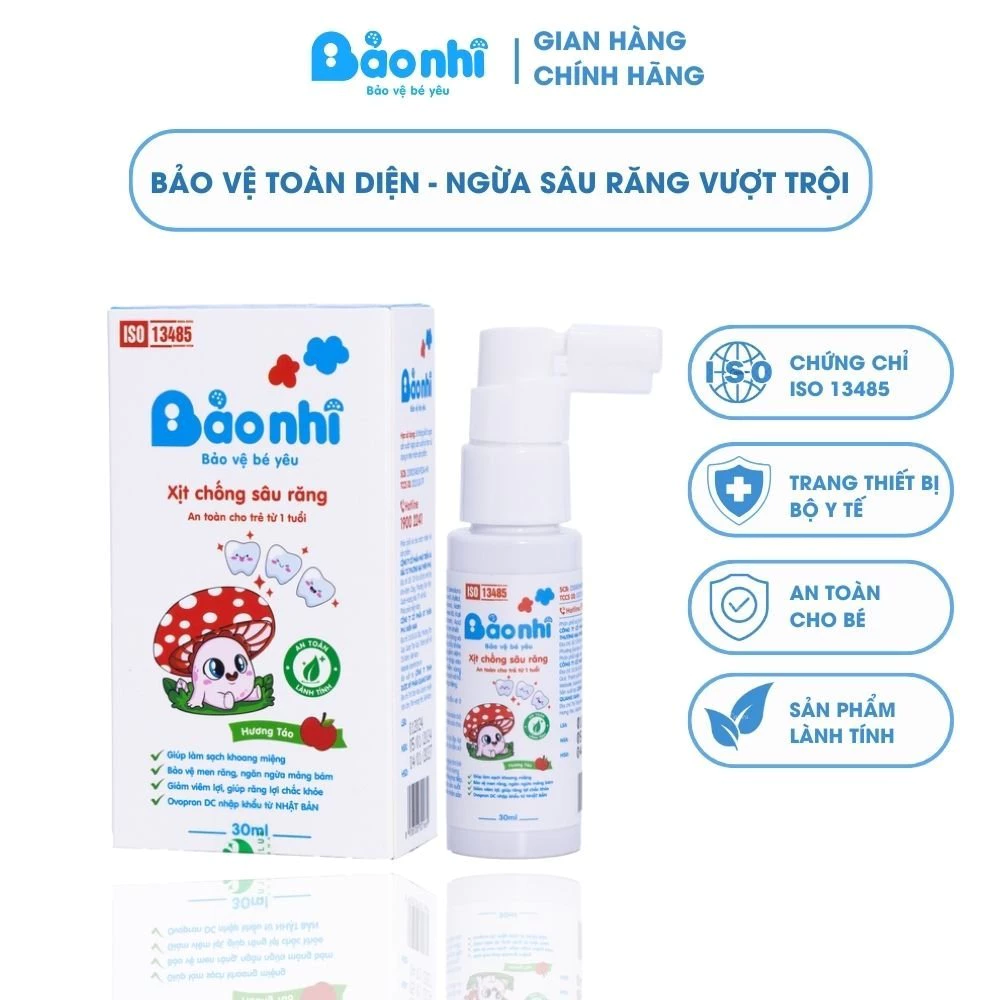 Xịt chống sâu răng BẢO NHI giúp làm sạch mảng bám ố vàng, bảo vệ men răng ,an toàn nuốt được hộp 30ml.