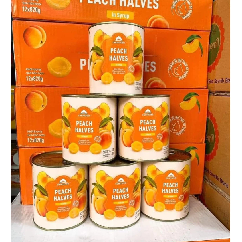 Đào Ngâm Hàn Quốc Countree/ Yellow Peach HALVES hộp 820g - topping cho trà đào thơm ngon (giòn,màu vàng đậm và miếng to)