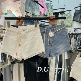 Quần sooc jeans xốp dáng ôm kèm đai xích hoa trà hàng QCl1