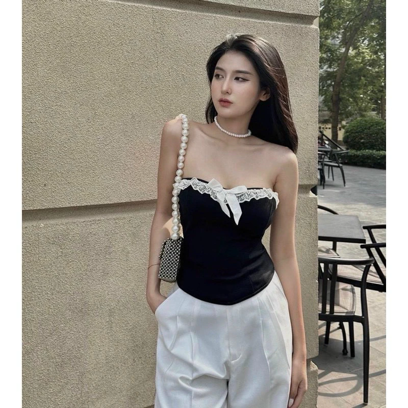 Áo ống cúp ngực phối viền ren đính nơ xinh xắn banhbao fashion