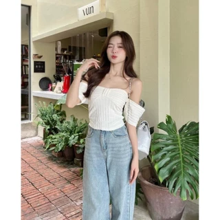 [Hot 2024] Áo kiểu croptop tay ngắn cổ vuông, áo kiểu dáng ngắn thời trang hè gợi cảm mặc được 2 kiểu siêu xinh A41