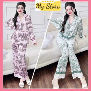 [Form 50-68kg]Đồ bộ ngủ Pijama nữ tay dài, đồ mặc nhà đẹp lụa latin 3D loại 1 hàng thiết kế dễ thương freesize dưới 68kg
