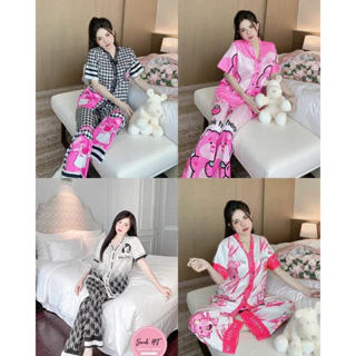 Bộ pijama cổ v lụa xước ánh kim tay dài,tay ngắn size 40-60kg