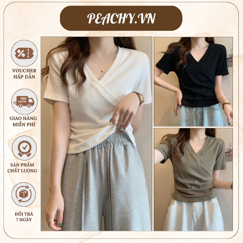 Áo croptop nữ cổ V tay ngắn, áo thun nữ dáng ôm đuôi tôm vải cotton co giãn - 1088