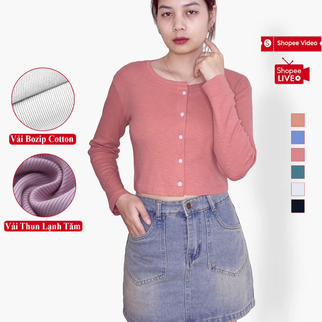 Áo Thun Croptop Dài Tay Nữ Cổ Tròn Dài Tay Madela Vải Thun Co Giãn Dày Dặn, Áo Cardigan Khuy Cúc Dài Tay Croptop Cổ Tròn