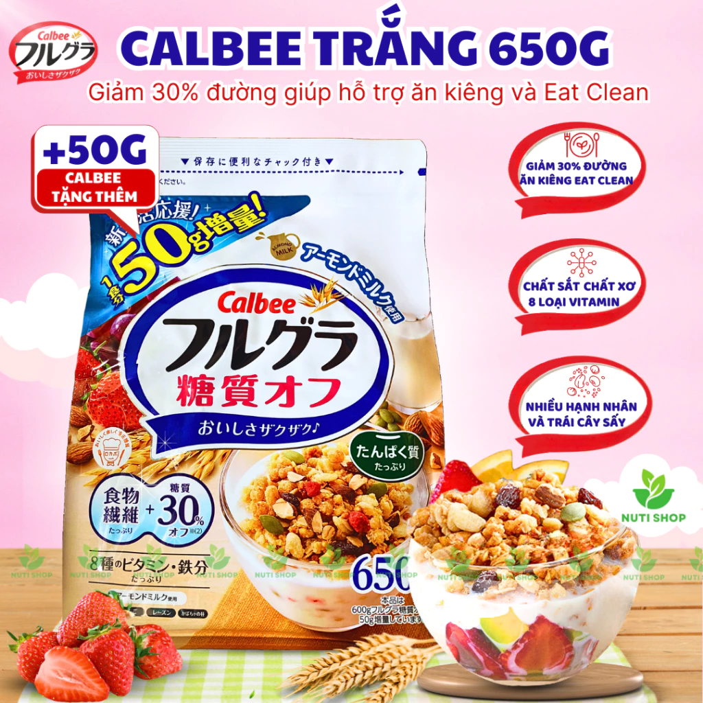 【DATE MỚI】Ngũ cốc Calbee TRẮNG GIẢM ĐƯỜNG Giảm Cân Ăn Kiêng Nhật Bản Mix Sữa Chua Hoa Quả Hạt Sấy Khô Granola 600G