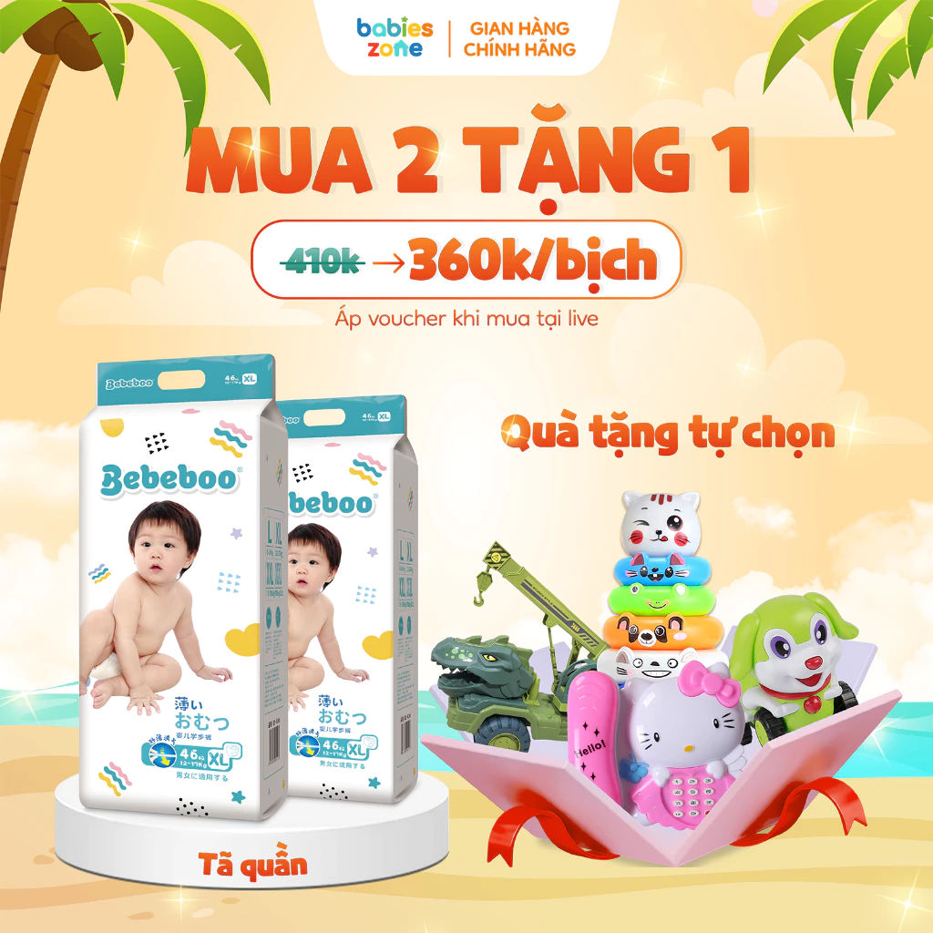 [Tặng 5 MDT + Quà] Mua combo 2 bịch tã bỉm quần BEBEBOO thương hiệu Nhật Bản thấm hút, chống tràn, siêu mềm mịn