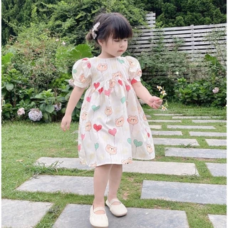 Tom&Chelsea - Váy/ đầm bé gái (8-26kg / 1-6 tuổi), Váy babydoll họa tiết gấu thô gân cotton mát mùa hè