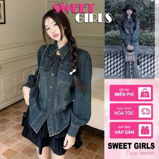 Áo sơ mi jean nữ, áo sơ mi tay dài đắp túi nắp cổ phối nơ! SWEET GIRLS SHOP