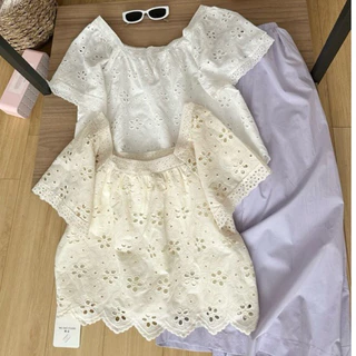 Áo sơ mi thô boi cổ vuông phom baby doll hoa ren lỗ nổi phong cách tiểu thư tinh tế hàng QCCC loại 1