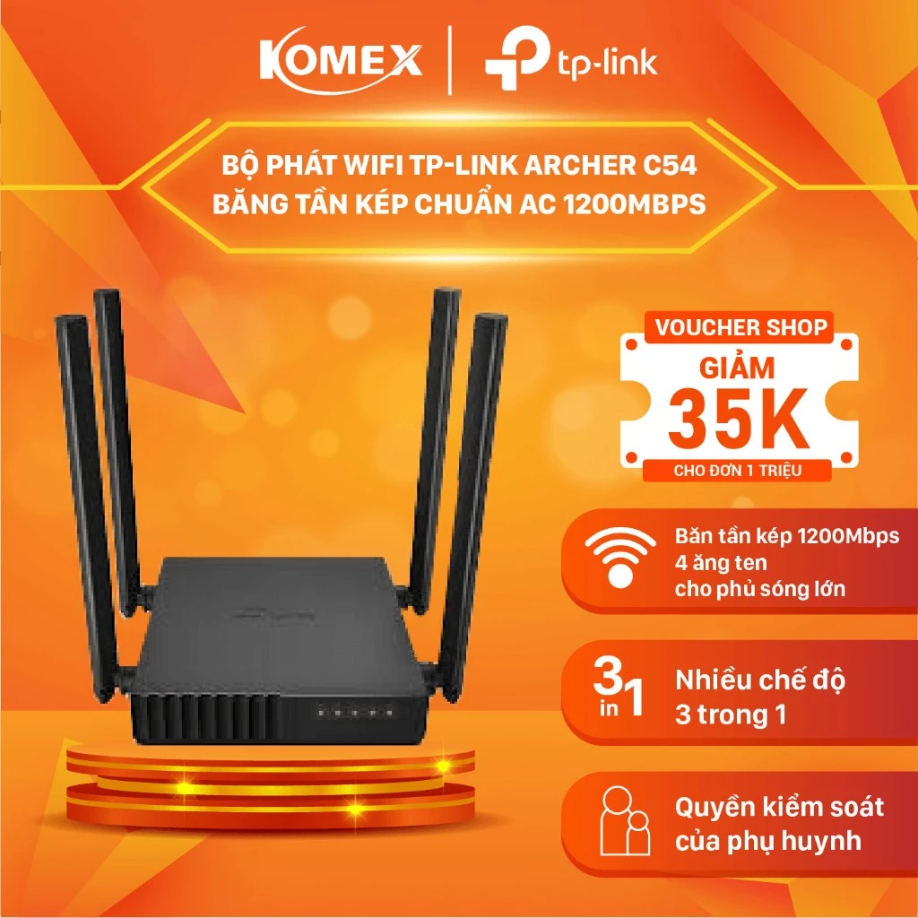 Bộ Phát Wifi TP-Link Archer C54 Băng Tần Kép Chuẩn AC 1200Mbps