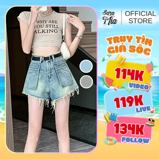 Quần short jean cạp cao gấu tua rua Saramia nữ sooc bò đùi ống rộng phối túi tôn dáng S7