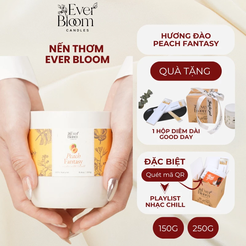 Nến Thơm Phòng Cao Cấp Ever Bloom Hương Đào Peachy Fantasy - Quà Tặng Kèm Playlist Nhạc Chill