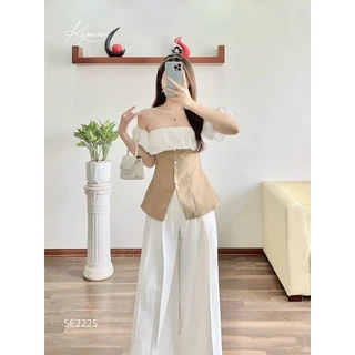 Set đồ bộ thời trang nữ đi chơi chất cotton trễ vai cúp ngực kèm đính nút quần ống rộng dáng maxi trẻ trung