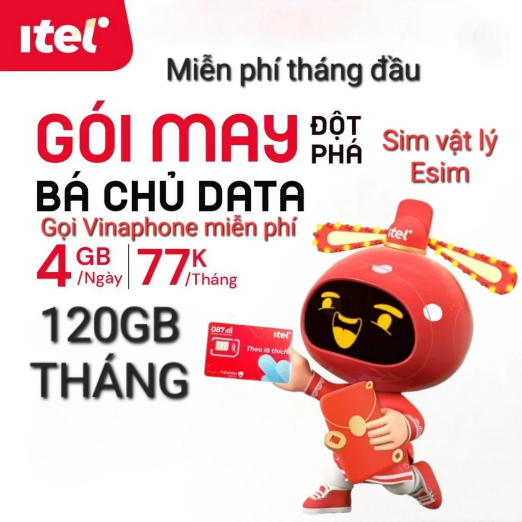 SIM 4G iTel MAY77 DATA 120Gb/THÁNG GỌI VINAPHONE MIỄN PHÍ(TK 0Đ & CÓ GÓI SẴN)