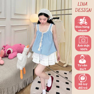 Bộ mặc nhà, Đồ Ngủ Pijama, Set Đồ Nữ Thời Trang Hè, mặc đi chơi họa tiết kẻ phối ren boi xinh xắn