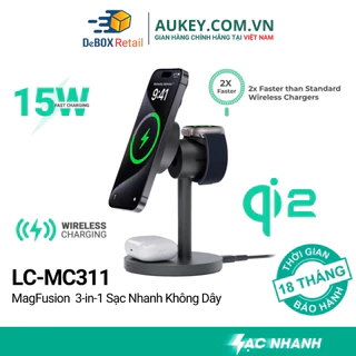 Đế sạc nhanh đa năng không dây hít từ tính 3 in 1 AUKEY LC-MC311 MagFusion Qi2 15W - Hàng chính hãng BH 18 tháng