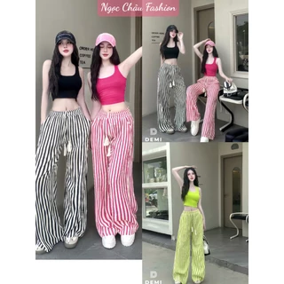 Set áo ba lỗ nữ cổ vuông trơn croptop, quần suông dài sọc màu lưng thắt dây có túi 3 màu xanh, đen, hồng form 38-53kg