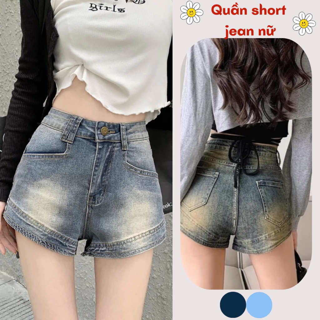 Quần short jean nữ MIAA CẠP CAO chất bò co giãn, Quần đùi nữ sooc dáng ngắn màu wash loang xanh cổ điển