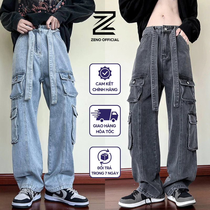 Quần bò ống rộng nam nữ 8 túi hộp đai to Hiphop, quần jean ống suông dài cargo pants form rộng