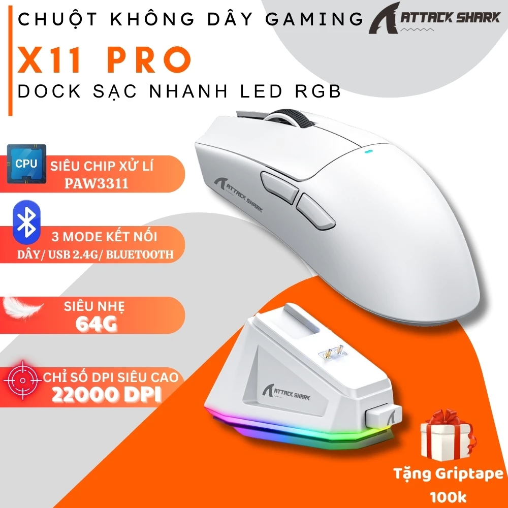 Chuột Gaming Không Dây Bluetooth Attack Shark X11 PRO Dock Sạc Led RGB, Siêu Chip 22000DPI Pin Trâu