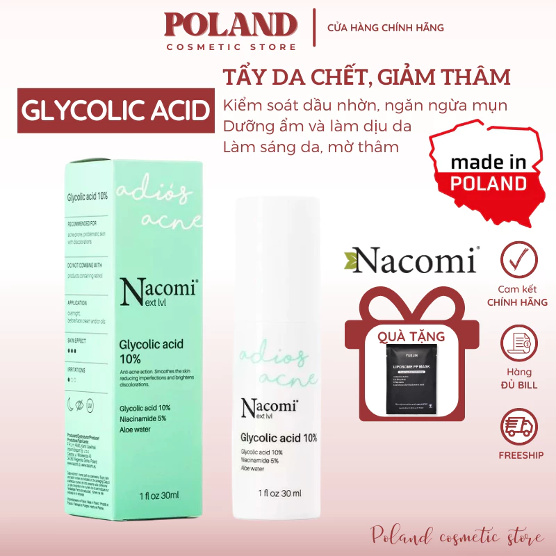 Serum mụn Nacomi Glycolic Acid 10% kiểm soát dầu nhờn, tẩy da chết ngừa mụn giảm thâm sáng da 30ml