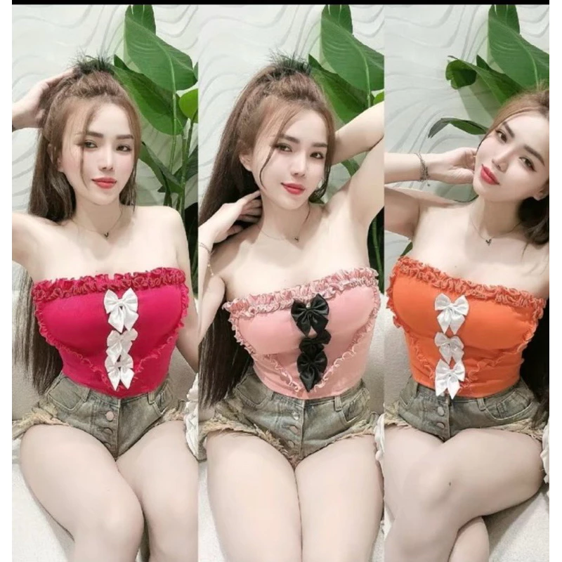 Áo ống bèo đính nơ có mod ngực