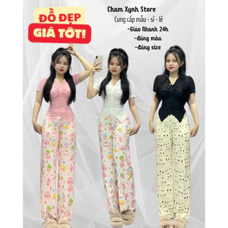 Set Bộ Đồ Nữ Áo thun phối nút Ngắn Tay Mix quần xuông gấu chất gân tăm lạnh Bội Áo Nữ Top  Women Kem