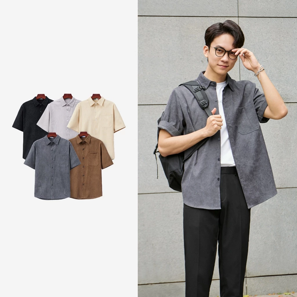 Áo sơ mi nhung tăm nam trơn cộc tay cao cấp ROMAN SM04