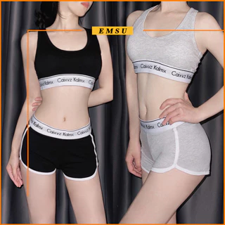 Bộ Áo Bra Và Quần Short Nữ Phối Phong Cách Thể Thao Cotton Co Dãn Thấm Hút