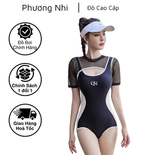 Bộ đồ bơi 1 mảnh liền đen trắng phối lưới, chất liệu thun cao cấp co giãn 4 chiều