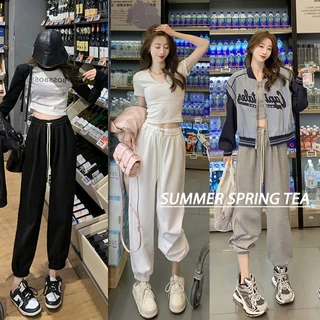 Quần jogger nữ thể thao ống rộng - SUMMER SPRING TEA - Quần nỉ nữ bo gấu chất tổ ong co giãn thoải mái