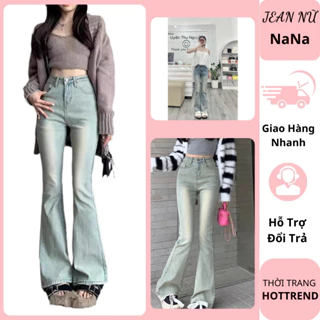 Quần jeans bò nữ ống loe cạp cao màu xanh bạc co giãn, quần bò nữ loe 22 cm phối dồ siêu dễ