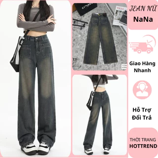 Quần jeans nữ ống suông túi trước cao cấp cạp cao dài 100 , quần bò nữ suông màu xanh bụi phong cách hàn quốc