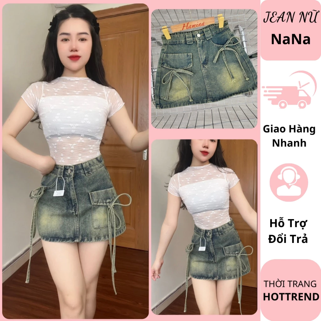 Chân váy jean bò nữ thắt nơ cạp cao có quần bảo hộ bên màu xanh bụi chất vải mềm mại loại 1 phối đồ siêu dễ thương