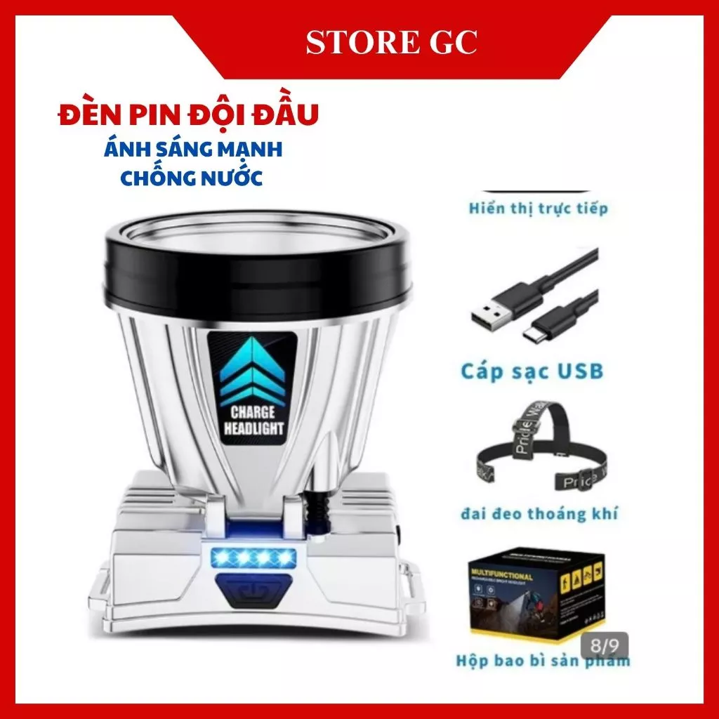 Đèn pin đội đầu siêu sáng T998 pin 1200mAh chiếu xa 500m chống nước với 3 chế độ sáng pin 4-6 tiếng
