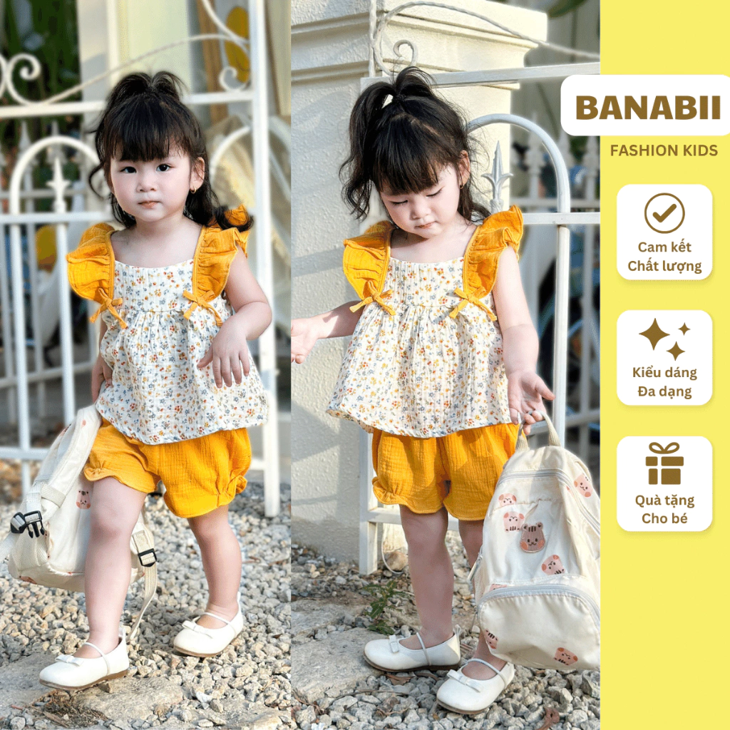Bộ set đồ bé gái size 9-25kg áo hai dây quần bèo vải xô Muslin, họa tiết hoa nhí dễ thương style Hàn Quốc | BANABII