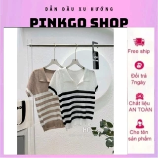 Áo polo len lưới nữ tay ngắn kiểu cổ bẻ len lỗ mongtoghi kẻ ngang thoáng mát phong cách ulzzang Hàn Quốc -Pinkgo Shop