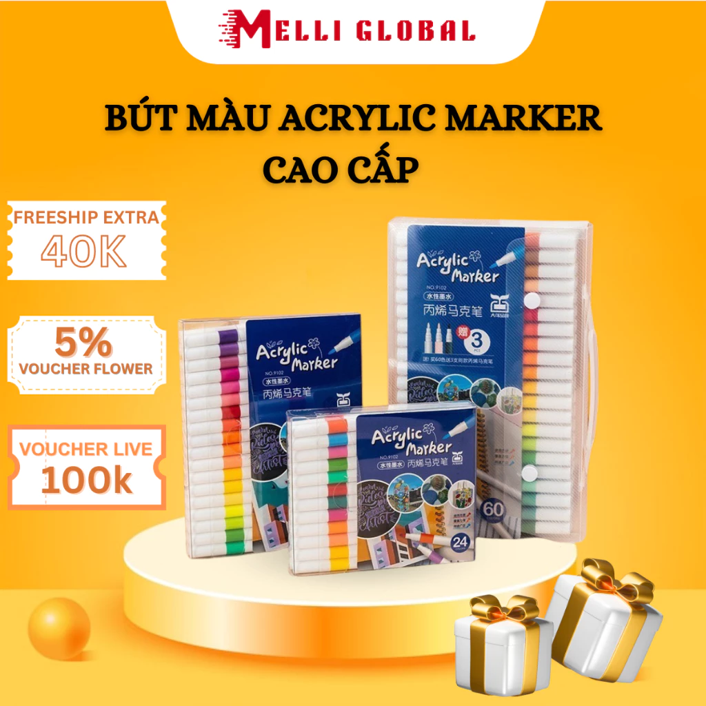 Bút Màu Melli Acrylic Marker 60 Màu Cao Cấp Tươi Sáng Chống Nước Bộ Cọ Vẽ Trên Mọi Chất Liệu Bề Mặt