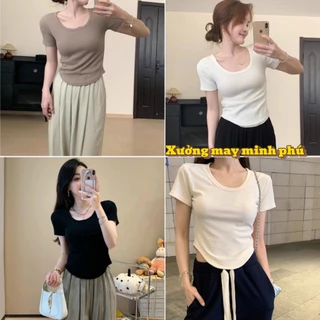 Áo thun nữ cộc tay cổ tròn vạt bầu from body ôm trơn croptop chất cotton co giãn MA567