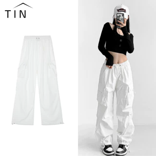 Quần Jogger Nữ Vải Dù Ống Rộng Túi Hộp Cạp Cao Trendy