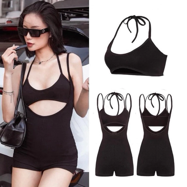 Bodysuit nữ yếm sexy SISTERS gợi cảm kèm áo ôm dáng thun gân Lụa co giãn màu đen Chloe Jumpsuit đi biển