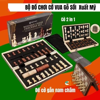 (Loại 1)-Cờ Vua Gỗ Sồi Gắn Đế Nam Châm, Cờ Vua Xuất Mỹ 2 trong 1, Cờ đam checkers 24 quân, Giúp Bé Phát Triển Tư Duy Sán