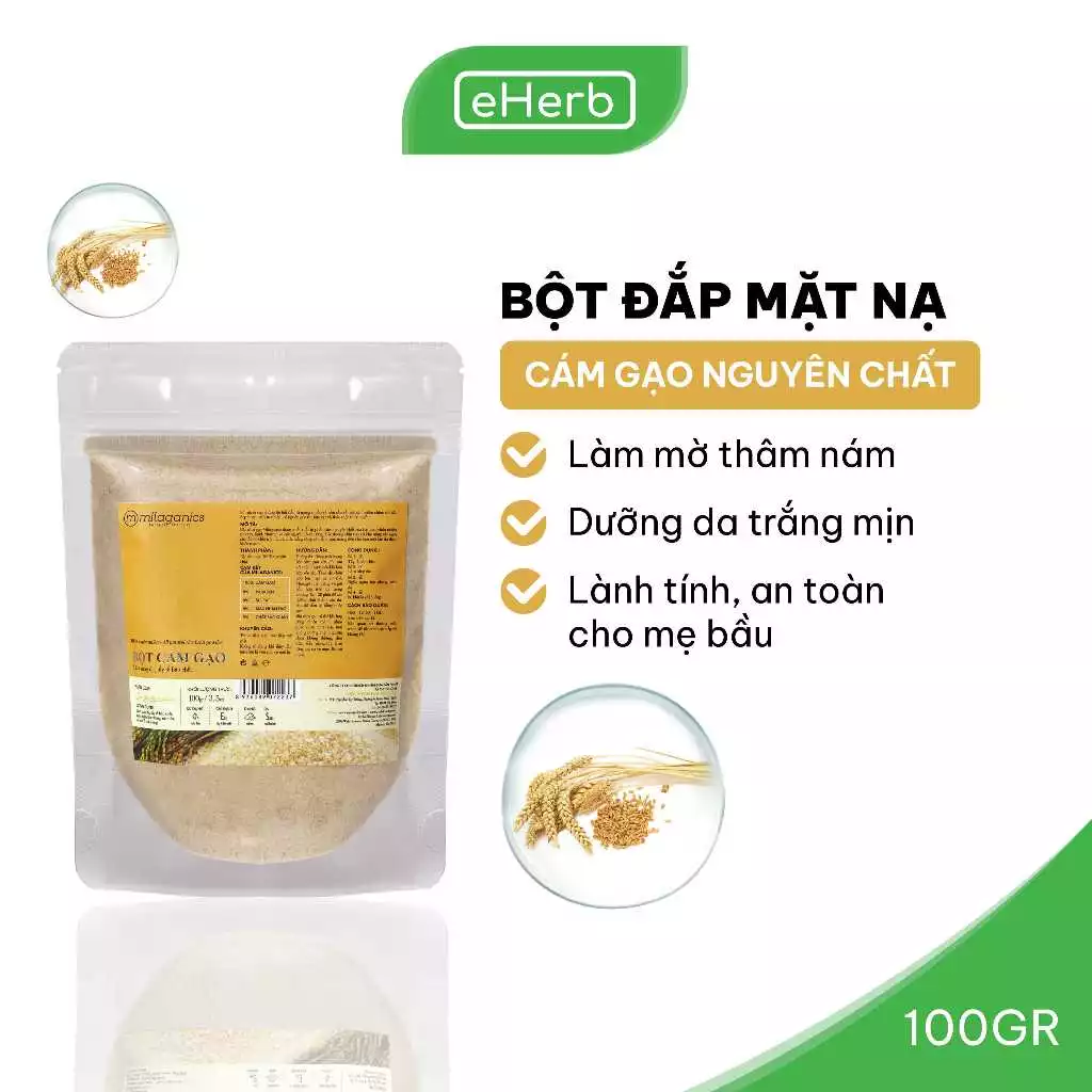 Bột Cám Gạo Nguyên Chất Đắp Mặt Nạ Dưỡng Da Trắng Mịn, Giảm Nám MILAGANICS 100g (Túi Zip)