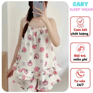 Bộ pijama hai dây dễ thương vải đũi cực mát CARY