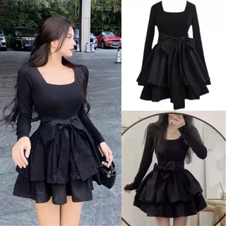 Đầm thiết kế bigsize nữ cổ vuông tay dài nhí dáng xòe vải thun cotton lạnh phối vải lụa xoa mềm mịn mát thanh lịch G659