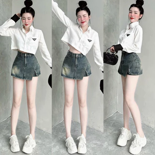 Quần Đùi Bò Nữ, Quần Short Jeans Giả Váy Vạt Xéo Túi Hộp Lưng Cao Màu Xanh Bụi Phong Cách Trẻ Trung Năng Động Cá Tính