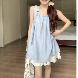 Áo cổ yếm cột nơ màu xanh tôn da dáng babydoll dài rộng xoè chữ A thoải mái hè nữ sinh ngọt ngào