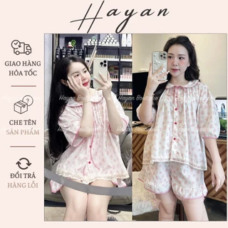 HT675 Bộ pijama tiểu thư tay ngắn hoạ tiết hoa hồng sang chảnh, set đồ ngủ bánh bèo tôn dáng HT675